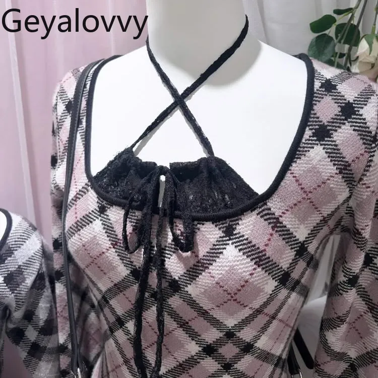 

Japanese Style Sweet Girls Lace Halter Neck Patchwork Diagonal Plaid Short Dress Off-Shoulder Slim Fit Long Sleeve Dresses