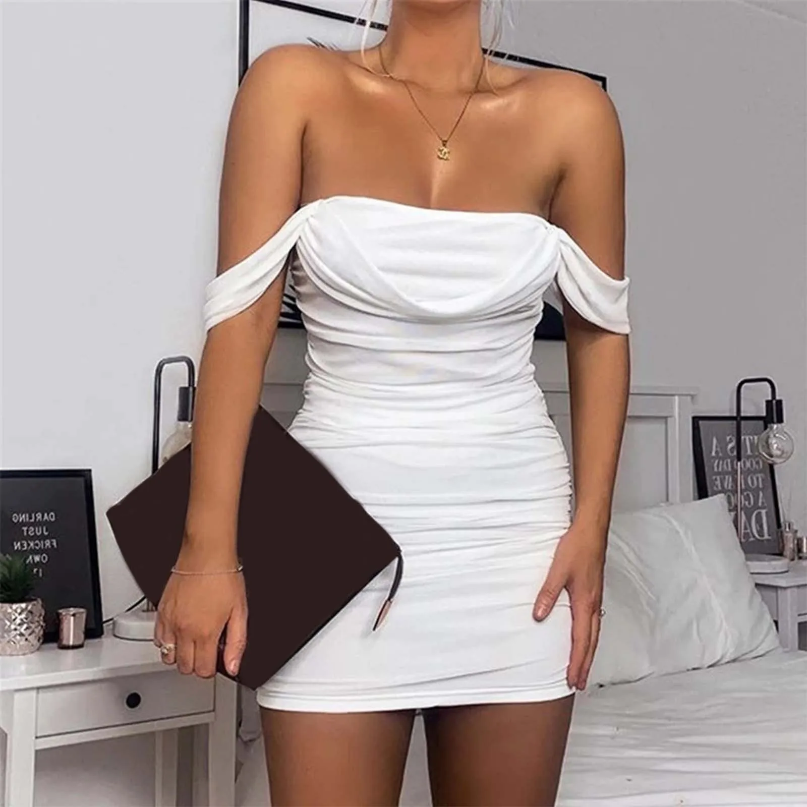 Womens Mini Ruched Bodycon Off Shoulder Sleeveless Cocktail Party Short Fitted Dress Ladies Graduation Dresses