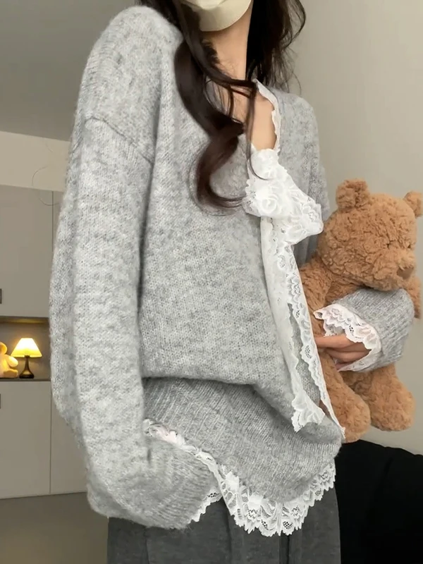 ay V-Ne محبوك سترة المرأة الخريف الشتاء فضفاضة تناسب مريحة Sle الراقية الشعور عادية فضفاض متماسكة