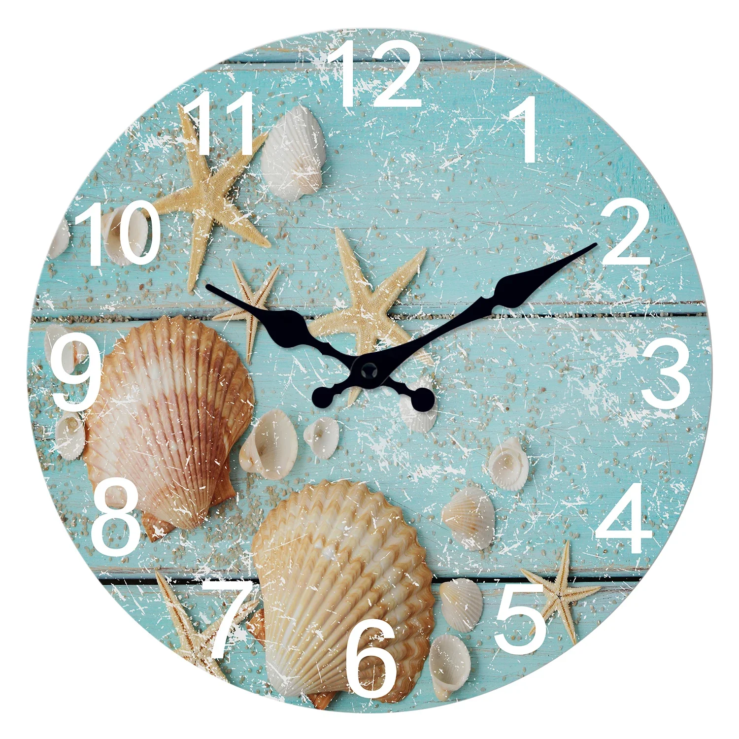 Beach Sea Starfish Shells Blue Wall Clocks Non Ticking for Girl Boy Bedroom Bathroom Kitchen Living Room Office Round Clock