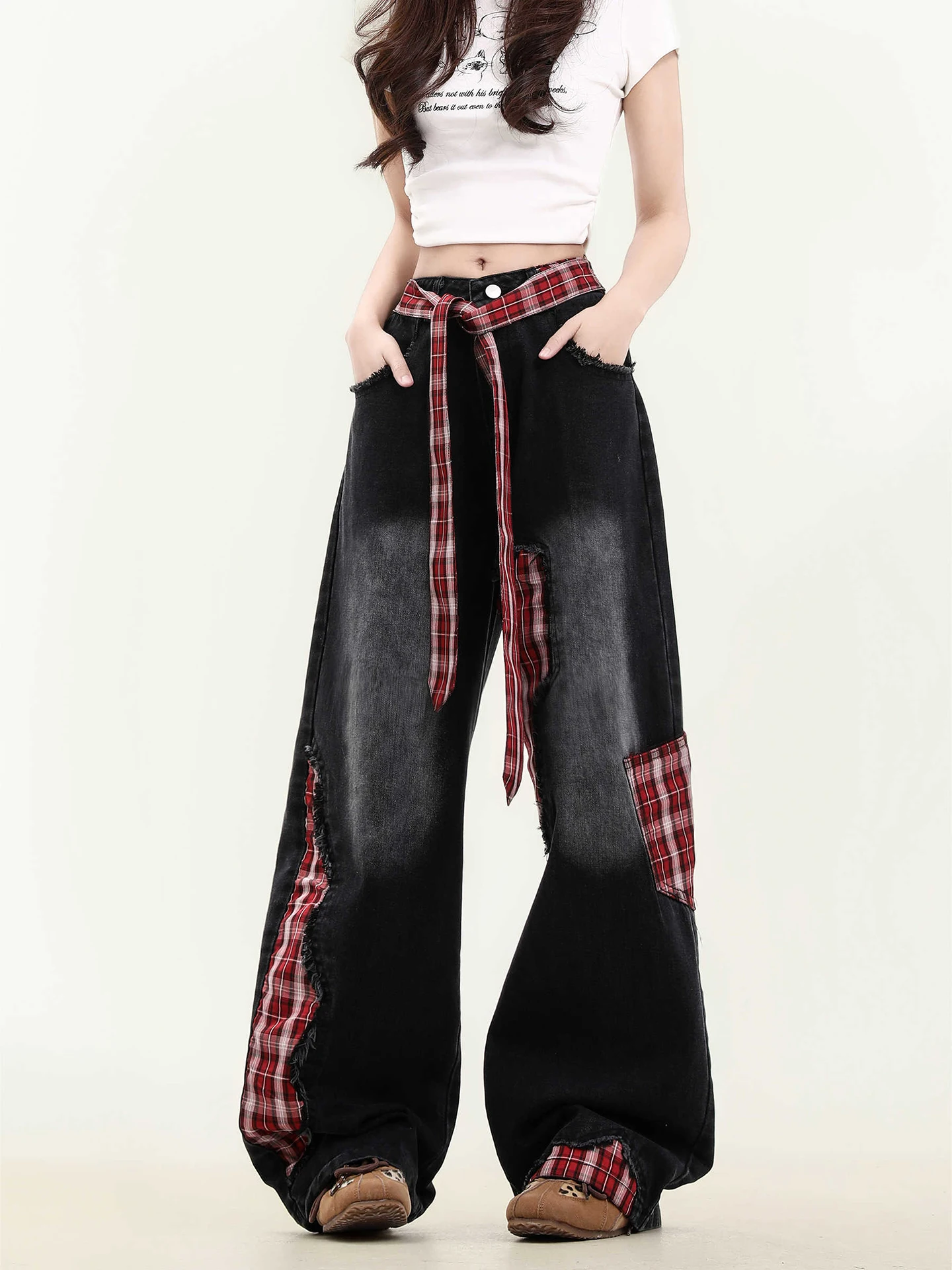 

American High Street Spliced Knot Jeans Men Women Spring Autumn New Retro Design Straight Leg Wide Leg Long Pants