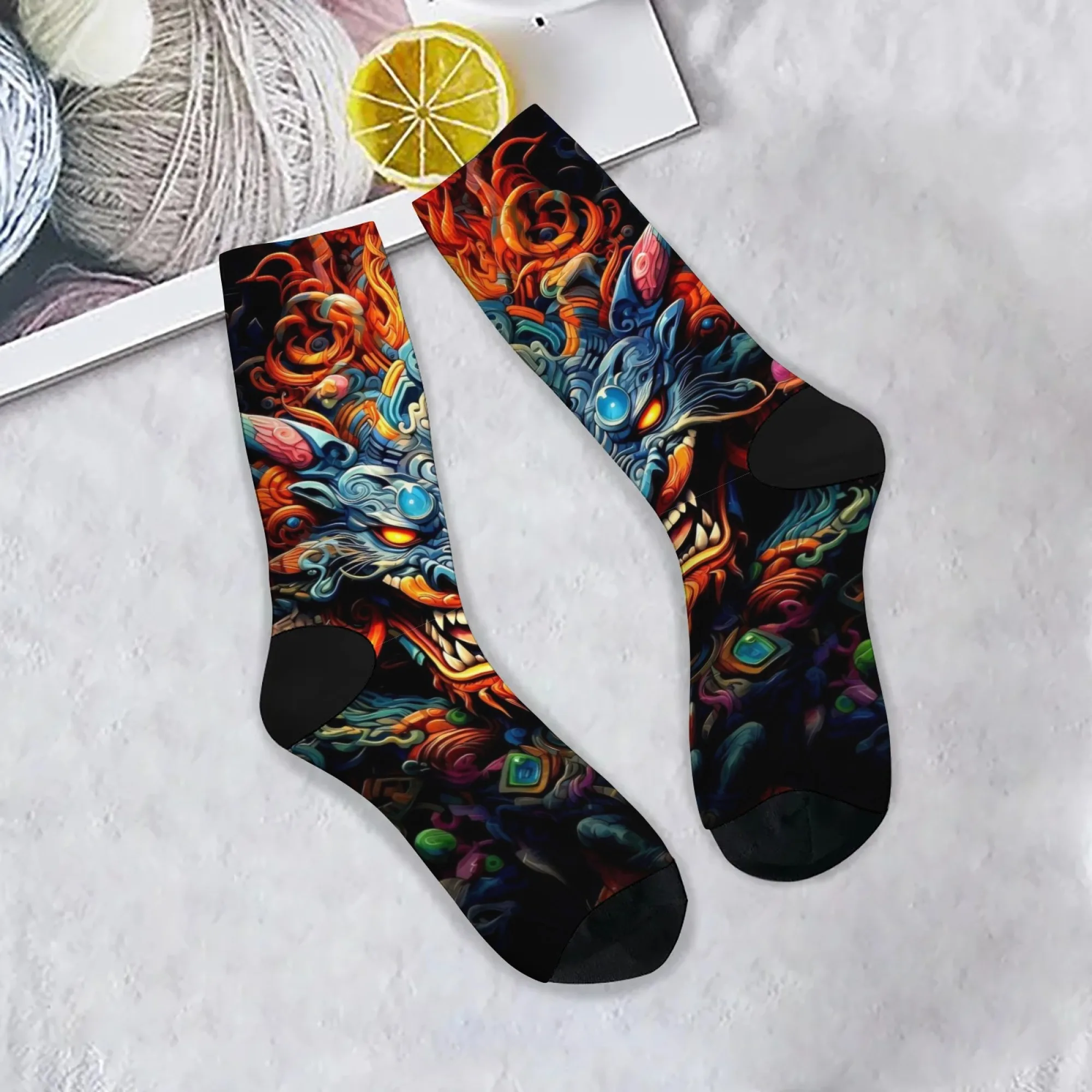 Stylish Oriental Dragon Print Men's Socks Soft Skin-Friendly Breathable Socks Quirky Fashionable Cartoon Harajuku Happy Socks