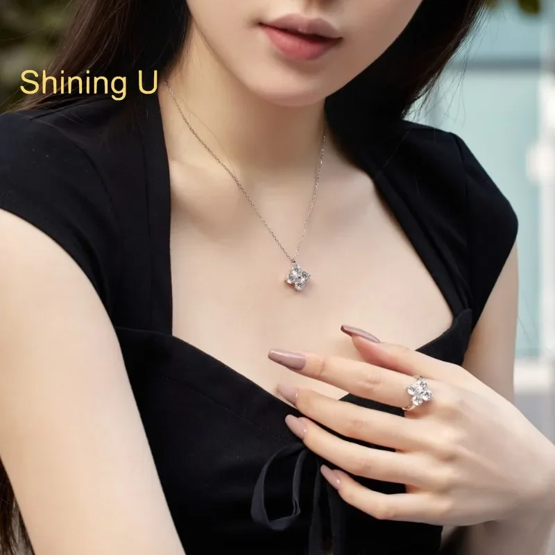 Shining U S925 Silver Clover High Carbon Daimond Jewelry Set Ring Earrings Necklace for Women Platinum Plated Fine Jewelry