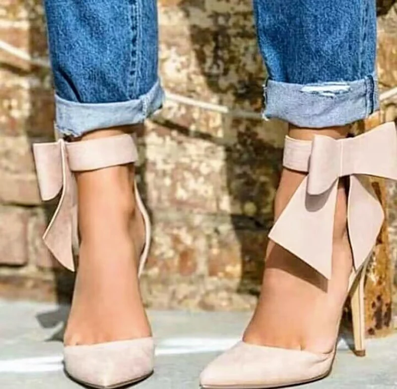 

Бежевые бордовые замшевые элегантные туфли-лодочки на тонком каблуке с бантом и запахом на щиколотке, вечерние модельные туфли на высоком каблуке с узлом-бабочкой