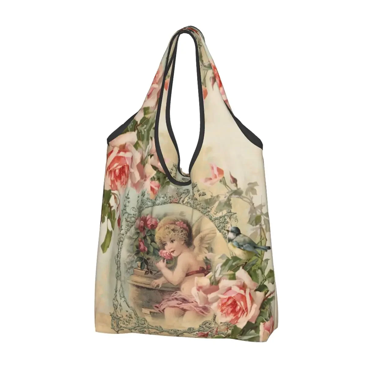 

Victorian Angel Vintage Rose Grocery Shopping Bag Fashion Shopper Shoulder Tote Bag Large Capacity Portable Handbag