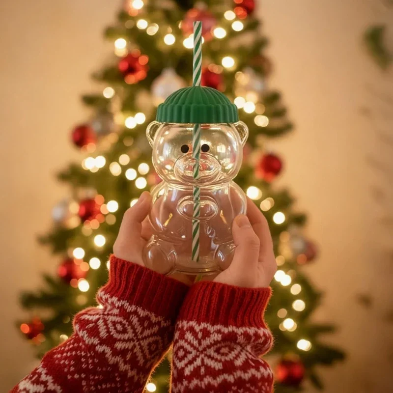 

Портативная соломенная чашка в форме медведя, бутылки для воды для молока, чая, кофе, сока, домашняя прозрачная чашка, бутылка для напитков с соломинкой (пластик или стекло)