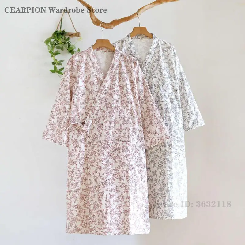 

Female Print Flower Kimono Bathrobe Gown Cotton Yukata Robe Sleepwear Loose Casual Home Dress Spring Summer Nightgown Loungewear