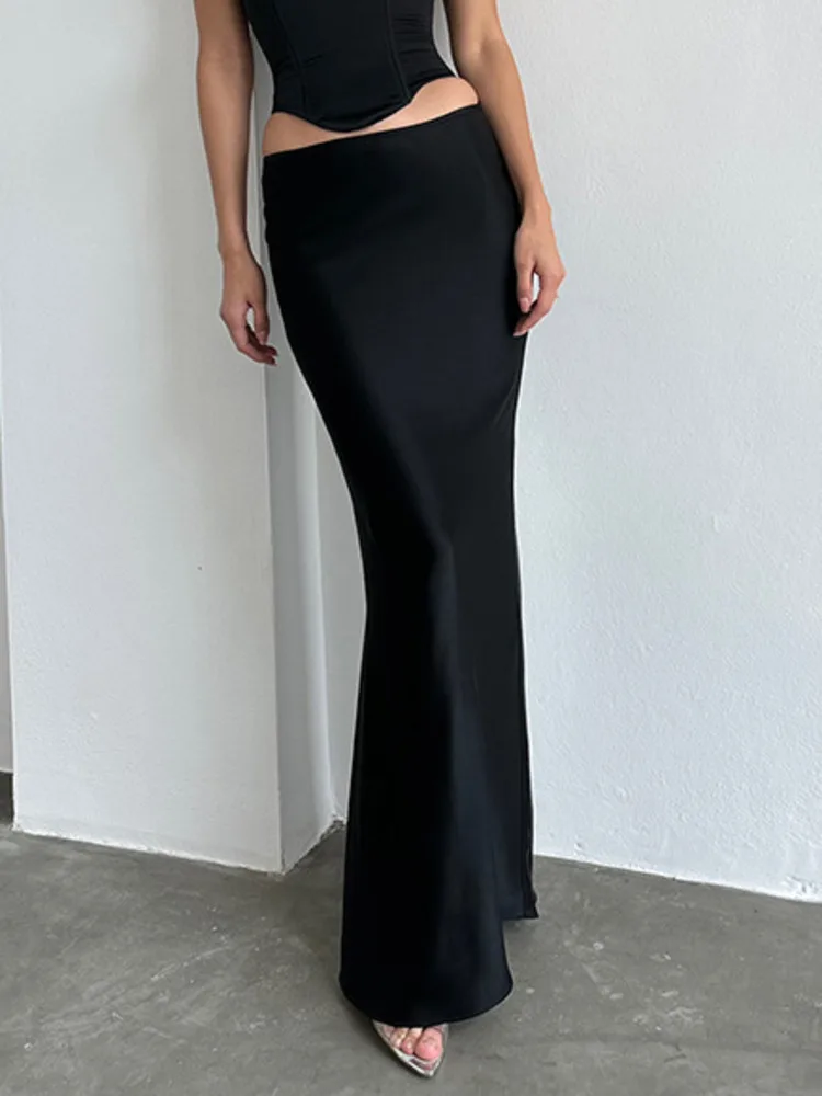 Kesiachiccly-الحرير الحرير التنانير للنساء ، عالية الخصر تنورة ، قلم رصاص التنانير الأنيقة ، أسود تنورة طويلة ، النمط الكوري ، الصيف ، جديد #2