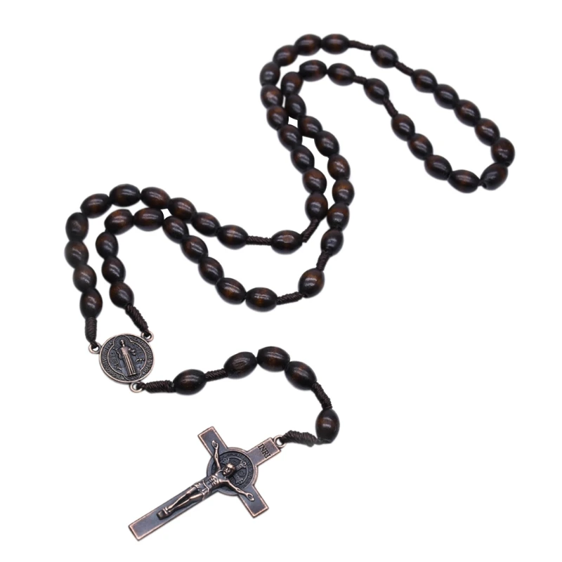 Natural Wooden Bead Rosary Necklace for Cross Crucifix Catholic Pendant Durable F1FB