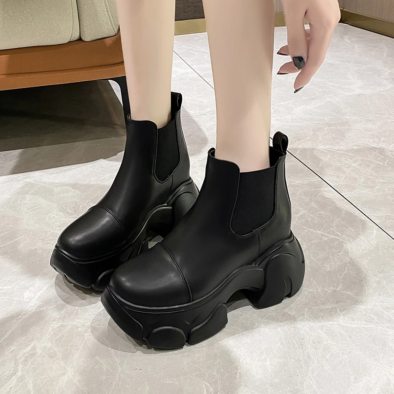 2023 nowe modne buty jesienne buty damskie botki damskie koturny damskie buty Chelsea Boot 10CM buty na platformie zimowe ciepłe