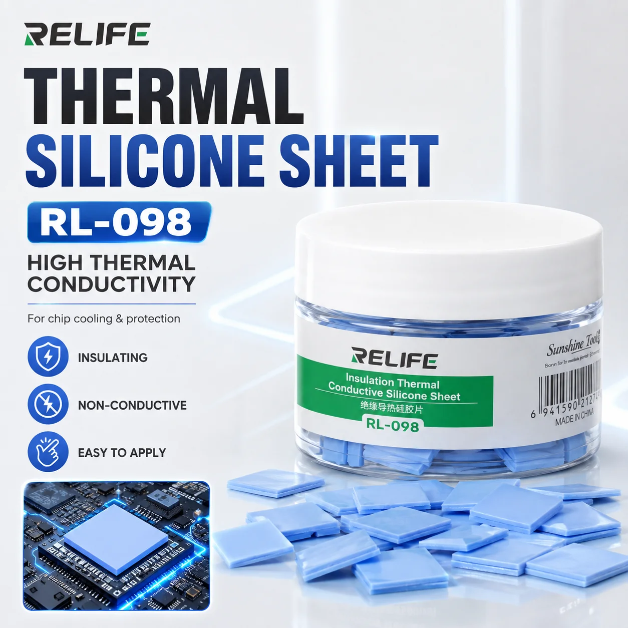RELIFE RL-098 100PCS Pre-Cut Insulating Thermal Pads High Conductivity Self-Adhesive Silicone Sheet for IC Chip Phone Repair Kit