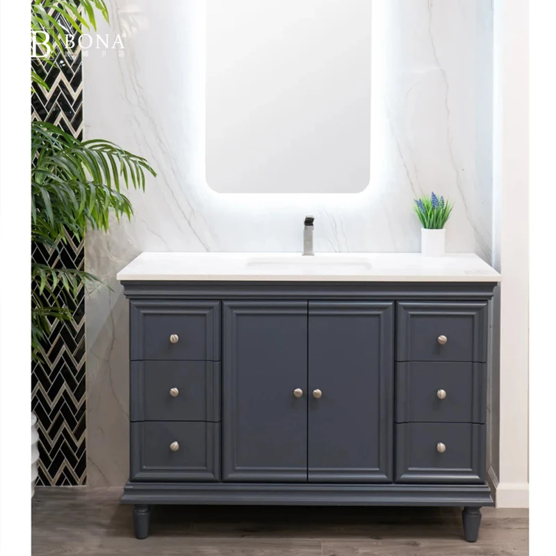 خزانة حمام مطلية بالخشب الصلب الريفي، مجموعة خزانة حوض غسيل أرضية من السيراميك #3