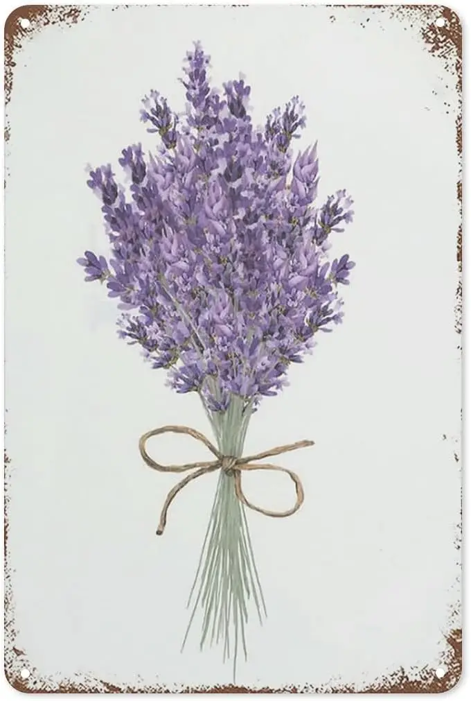 Metal Sign Vintage Purple Lavender Flower Bunch, Retro Wall Decor Watercolor Mint Bouquet of Lavenders Botanical Floral Plant Ti