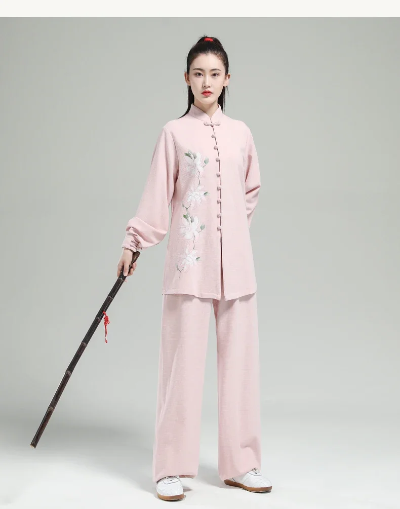 Tai Chi abbigliamento arti marziali uniformi Kung Fu addensato abbigliamento da allenamento abbigliamento da prestazione stampa loto donna rosa 2023