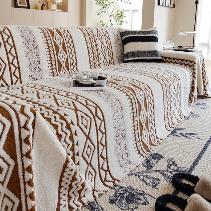 Bohemian Winter Thick Velvet Sofa Towel Multi Functional Dustroof Sofa Towel Cover for Living Room Plush Knee Blanket for Office