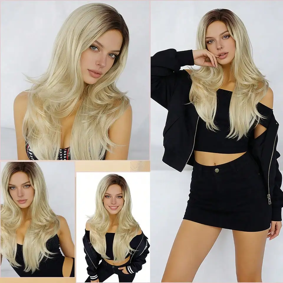 Women Platinum Blonde Body Wave Wig with Dark Root, Synthetic Hair, Fashion Curly Wig forHalloween Cosplay Party Wig