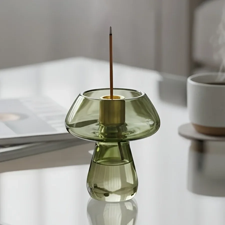 Mushroom Glass Candle Holder 9-Hole Brass Incense Stand 2-in-1 Aromatherapy Diffuser for Home Office Yoga Meditation Zen Decor