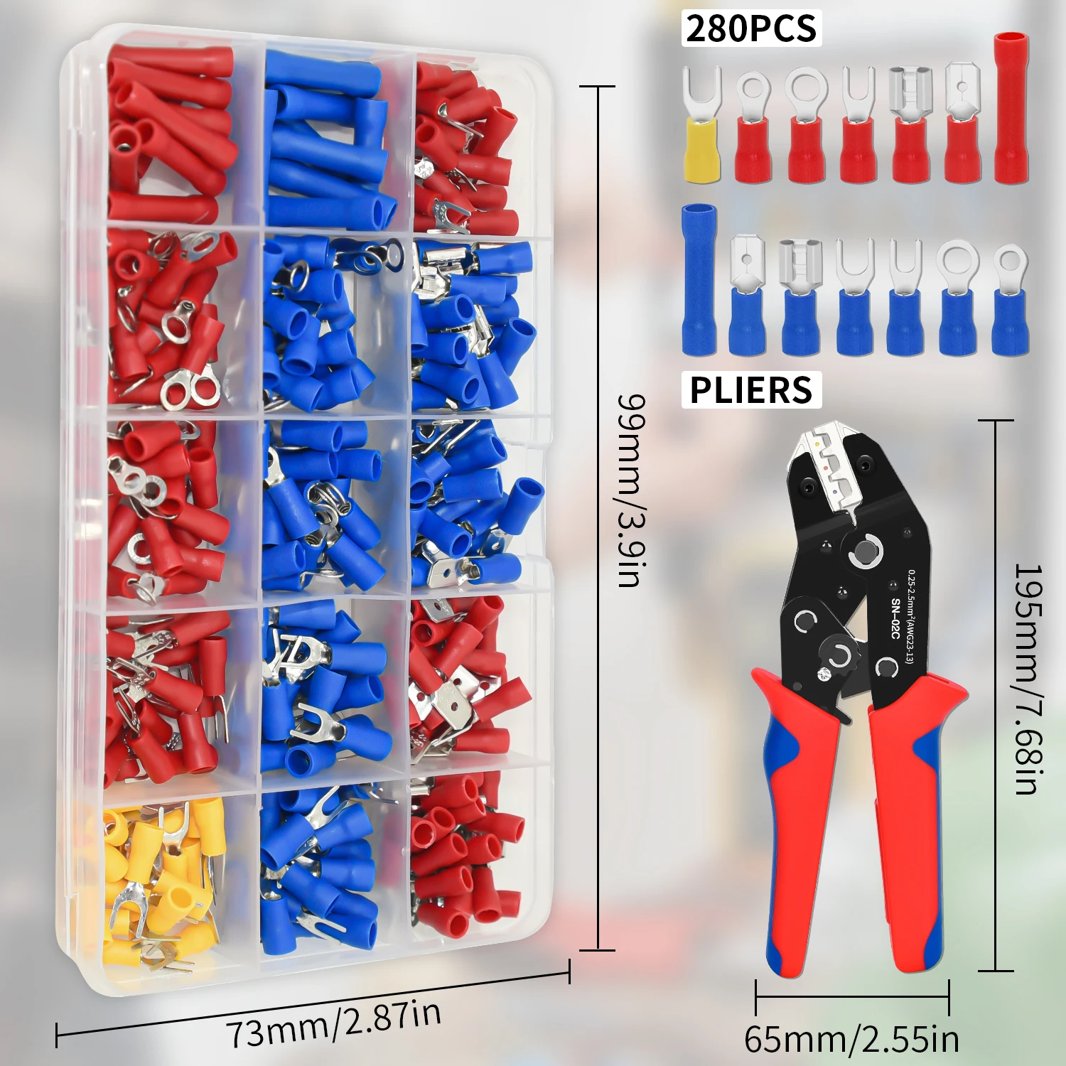 SN-02C Wire Crimping Plier Insulated Connectors Butt, Ring, Spade, Quick Disconnect - Crimp Terminals Cable Lugs Assortment Kit image 2
