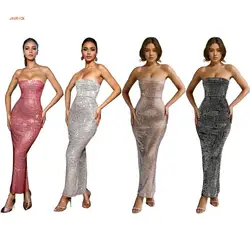 Elegant Rhinestones Embellished Long Dress For Women Sparkling Strapless Bodycon Party Gown Evening Party Cocktail Dress