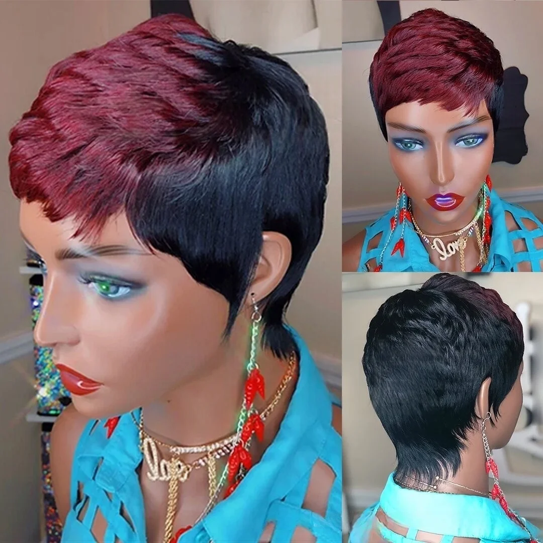 Wig Pendek Rambut Manusia Brasil Wig Berlapis dengan Poni Wig Buatan Mesin Penuh Untuk Wanita