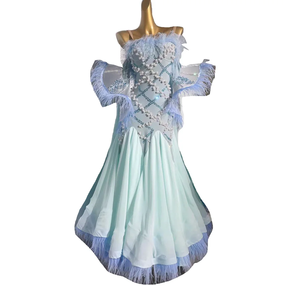 Ballroom Dress High-end Customized Pearl Diamond Plush Large Skirt Tango Waltz Adult Performance Stage Professional Clothing