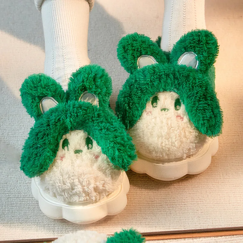 

Women Green Cartoon Plush Slippers Warm Fuzzy Slip-On Home Shoes with Soft Sole Closed Toe Novelty Furry Slippers for Winter