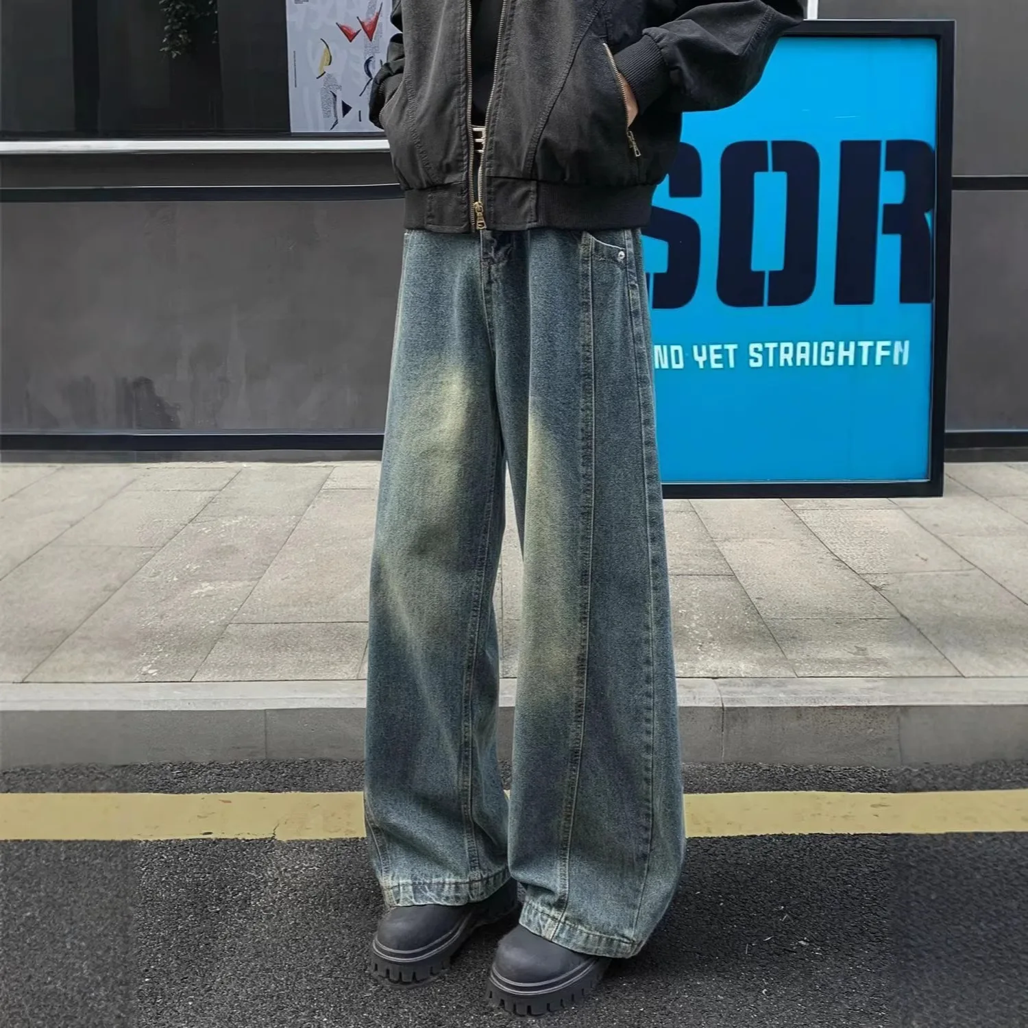 High Street Wide Leg Jeans Men's Autumn Loose Straight Casual Trousers Boys Washed Retro Floor Mopping Pants