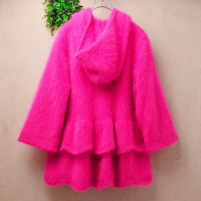 

Ladies Women Autumn Winter Clothing Pull Rose Hairy Mink Cashmere Knitted Long Sleeves Hooded Slim Cardigans Sweater Jacket Coat