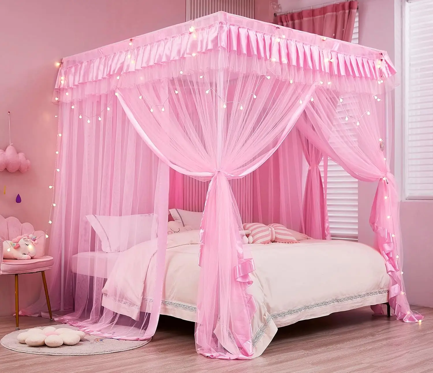 Toldo de cama de princesa rosa tamaño Queen con mosquitera, fácil instalación para decoración de dormitorio de niñas