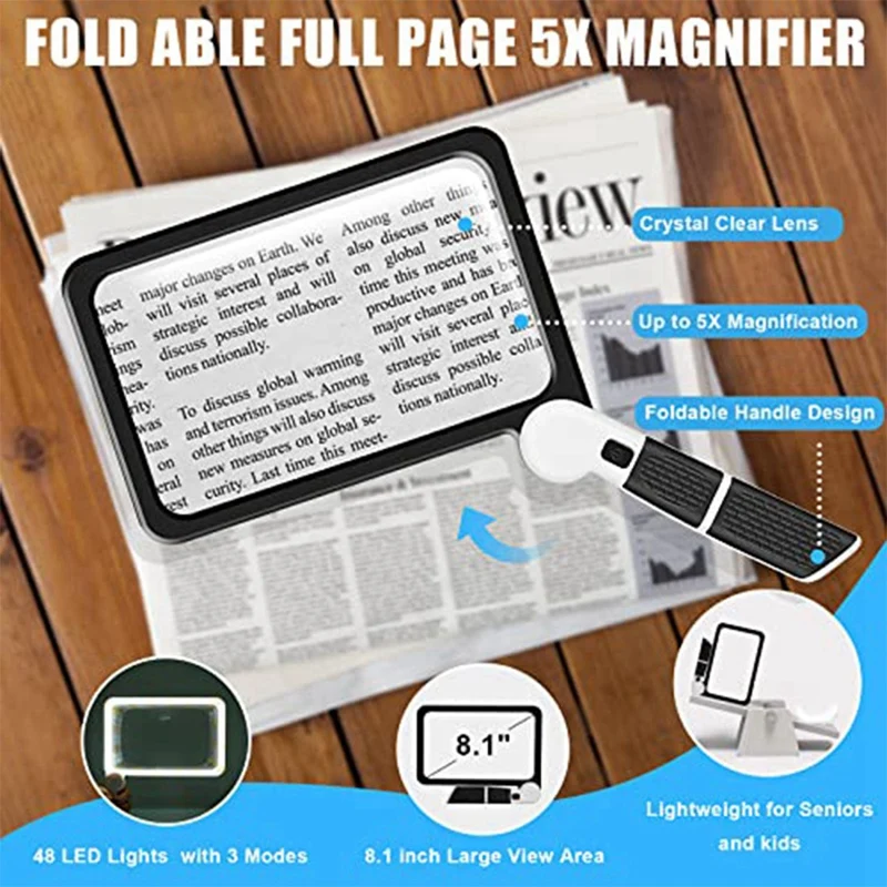 Full-Page 5X Magnifying Glass Folding Lighted Magnifier For Reading, With 48 LED Lights