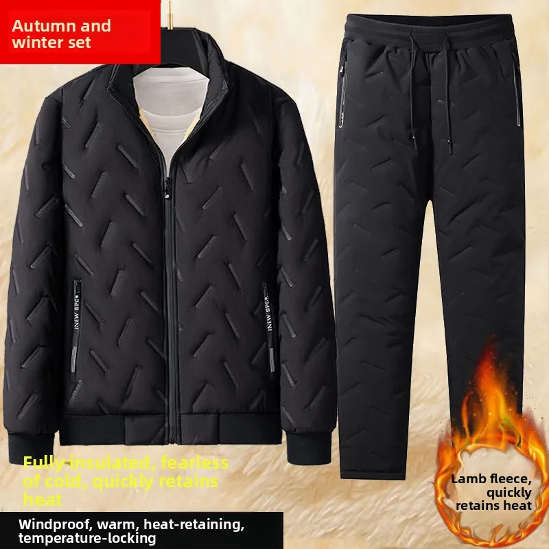 

Lamb Velvet Fce Lined Loose Fit Men's Winter Sportswear Thiened Autumn Winter Set Long Sve Long Pants Warm Cotton Jaet