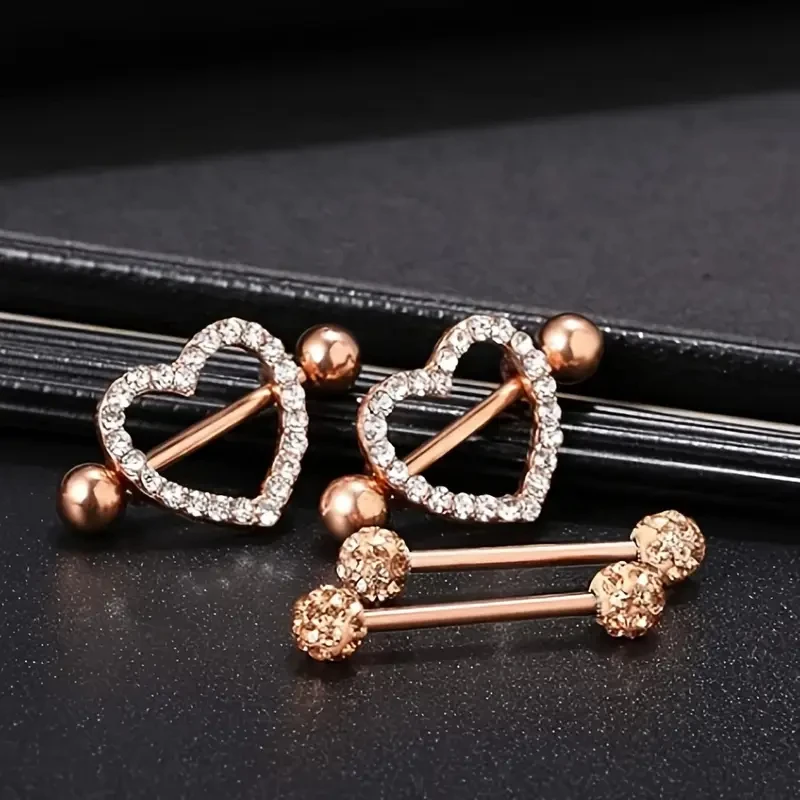 2 أزواج 14 جرام الفولاذ المقاوم للصدأ الحديد حلقات للحلمات من الفولاذ مع الراين المبهر بلينغ نمط الحلمة ترصيع اللسان ثقب المجوهرات