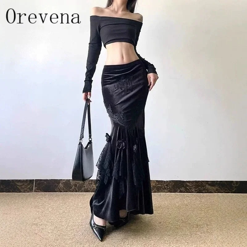 French Velvet Stitching Skirt Retro Joker Skirt Female New Spring and Autumn New Fashion Black Lace Gothic Fishtail Dress.