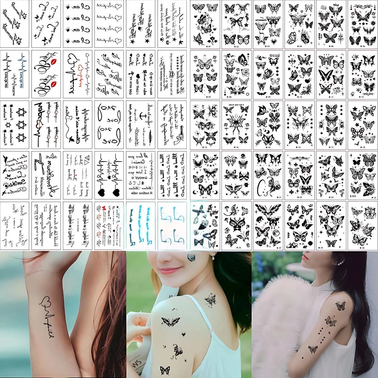 60pcs/set Black Butterfly Text Waterproof Tattoo for Men Women English Letter Quote Heart Red Lip Star Disposable Fake Tattoo