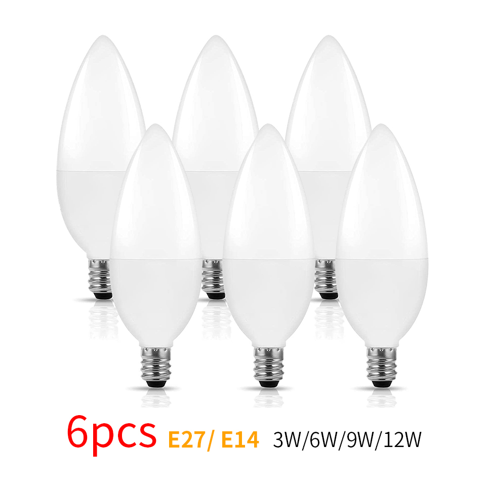 6Pcs led Light bulb 220V E14 E27 LED Lamp Indoor 3000K 4000K 6000K Light Lamp 3W 6W 9W 12W LED Candle Bulb Home Decor Chandelier