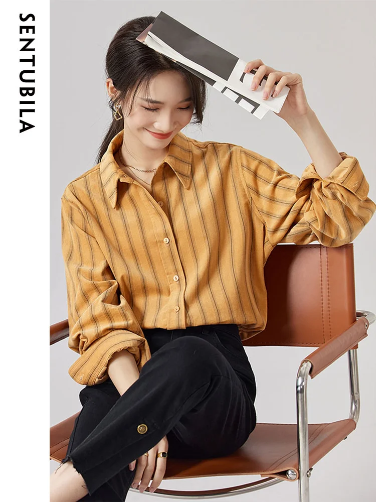 

SENTUBILA Contrast Striped Cotton Corduroy Shirts for Women 2023 Autumn Vintage Long Sleeve Tops Lapel Button Up Shirt Jackets