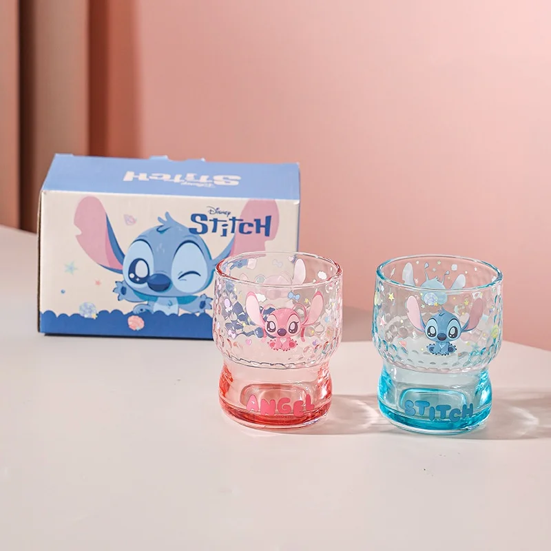 2Pcs Set Kawaii Stitch Glass Cup Disney Anime Cartoon Couple Drink Cup Heat-Resistant Breakfast Afternoon Tea Transparent Cup