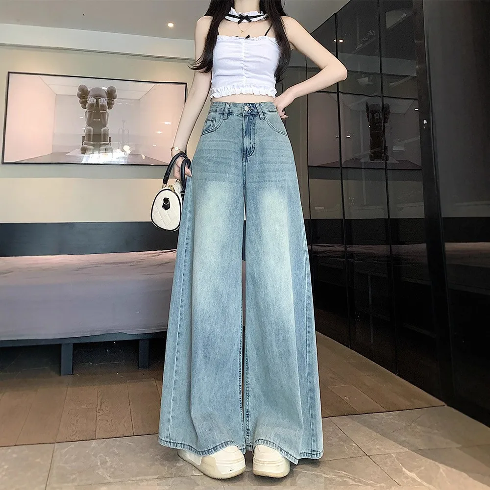 

Spring Thin Wide Leg Blue Jeans Women's High Waist Slimming Drapey Loose Straight Floor-Length Casual Denim Trousers
