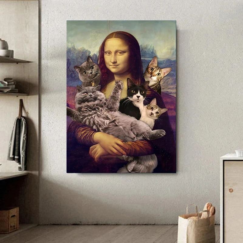 Funny Mona Lisa with Cat Poster Prints Canvas Paintings Bar Hotel Wall Art Decorative Painting Mural Living Room Home Decor