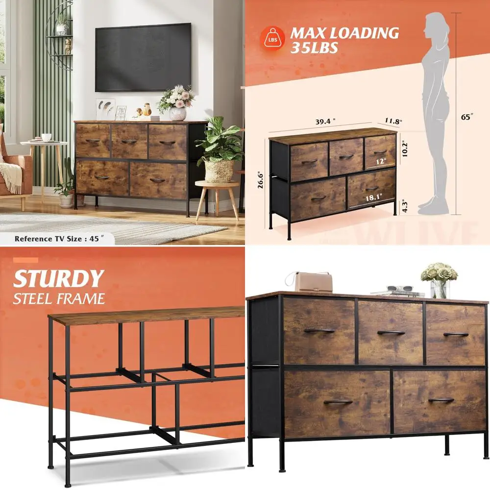 

Тумба для хранения вещей в спальне с 5 ящиками и тканевыми корзинами, длинный тканевый ящик, большой ящик с принтом под дерево в деревенском стиле, коричневый цвет