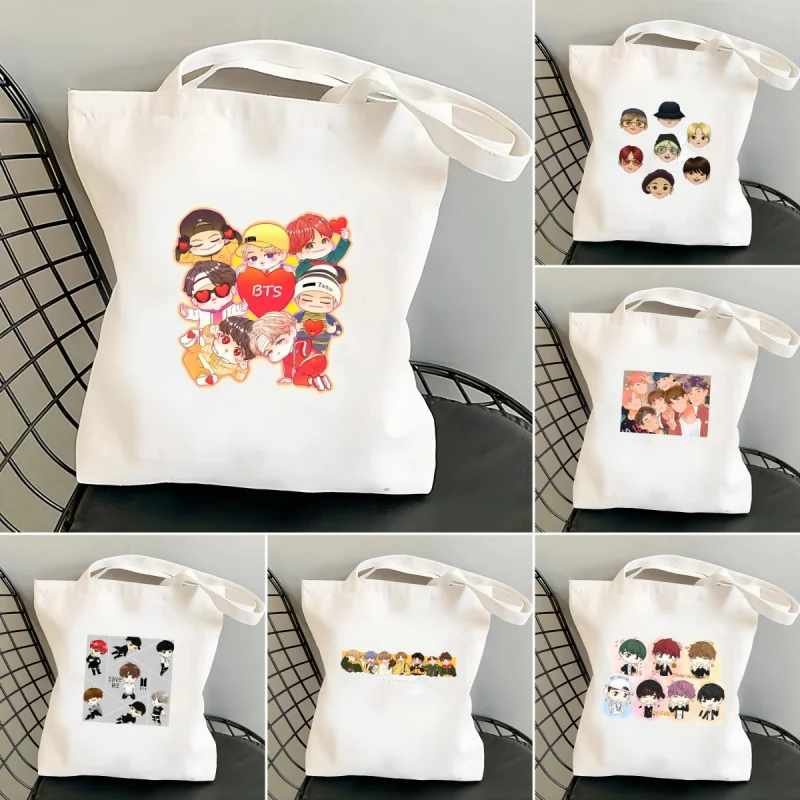 Korean Kpop Printed Female Canvas Tote Bag Large Capacity Girls Shopper Shoulder Bags Reusable Casual Shopping Handbag for Women