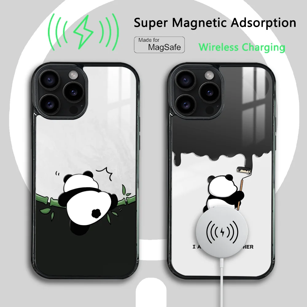 

Panda Cute Phone Case For iPhone 15 14 13 12 11 Pro Max Plus Mini Mirror Magnetic Cover Funda Wireless Charging Phone Case