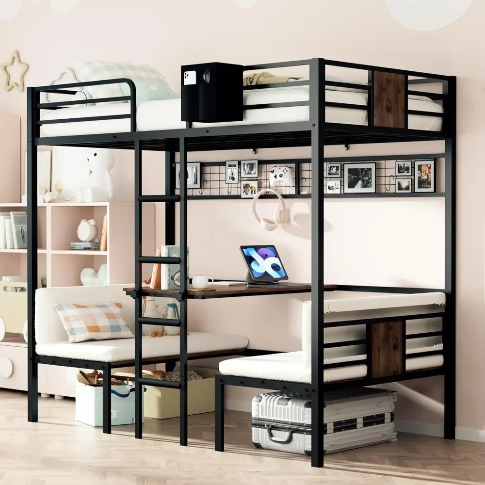 Twin Over Twin Bunk Bed, Built In Desk And Storage, Heavy Duty Metal Loft Frame, Convertible Study Desk Design