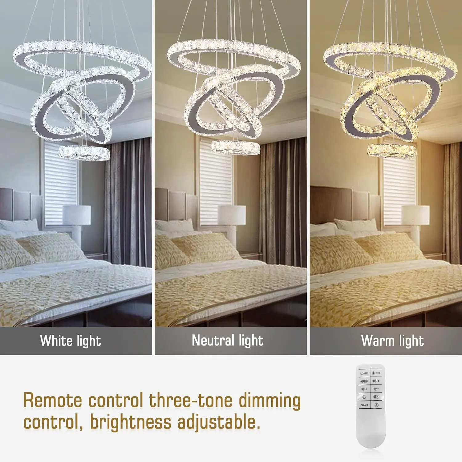 4-Ring Crystal Chandelier, Dimmable LED Pendant