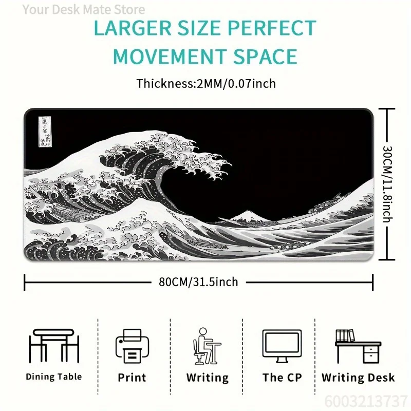 1PCS Black & White Great Wave Large Locked Desk Mat Mouse Pad for Gaming & Office Use