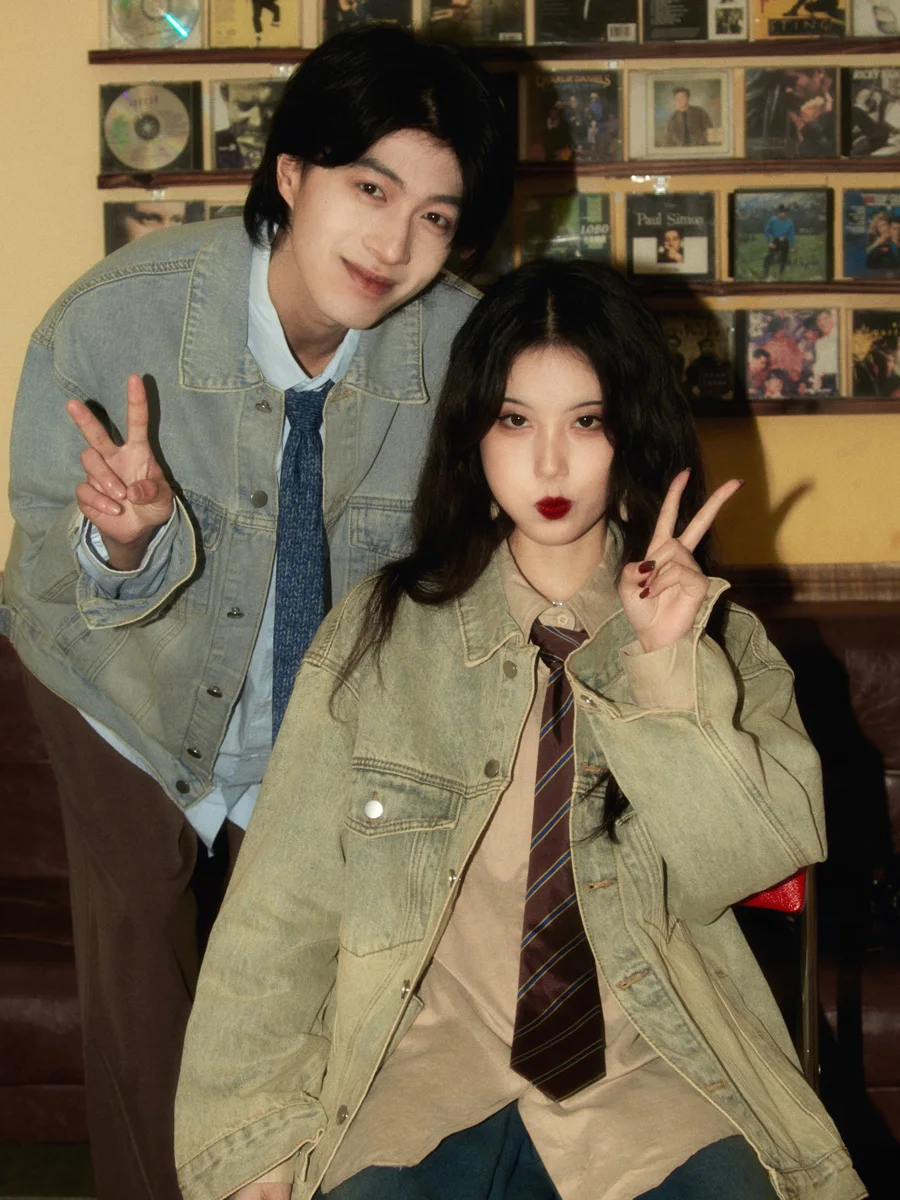 الربيع والخريف جديد خمر المرأة بدوره إلى أسفل طوق غسلها الأزرق الدنيم سترة زوجين الزي عمال معطف أزرق داكن أسود #4