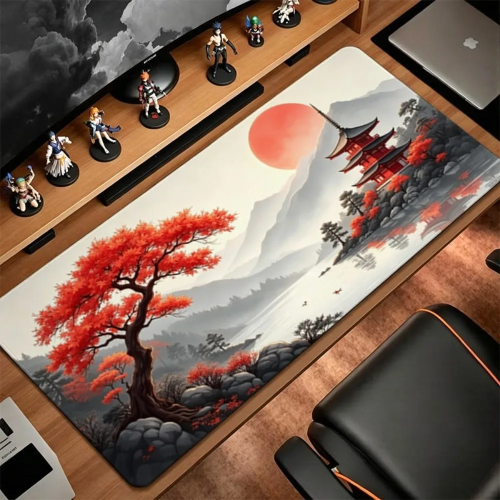 Japanese-style serene landscape mouse pad, featuring patterns of red maples, pagodas and misty mountains slip-resistant durable