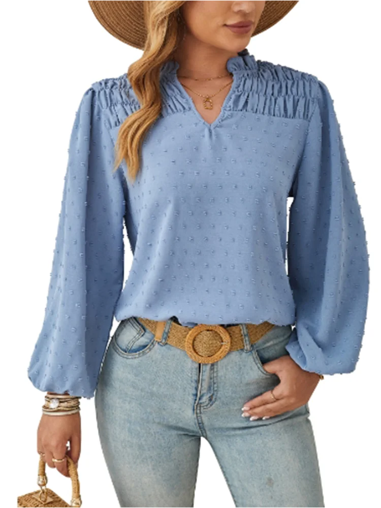 Nice Pleated V-Neck Long Sleeve Shirts Women's Solid Color T-Shirt Female Autumn Elegant Work Top