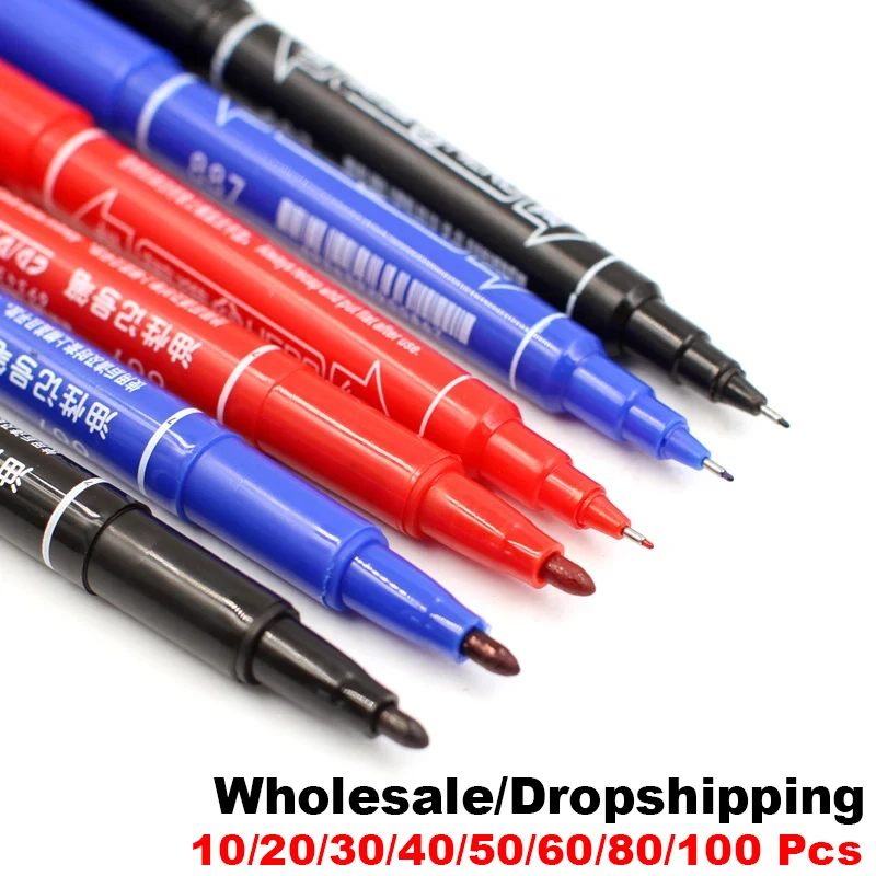 

100/10Pcs Dual Tip 1.0/0.5 mm Nib Marker Waterproof Black Red Blue Oily Manga Art Marker Pens Student School Office Stationery