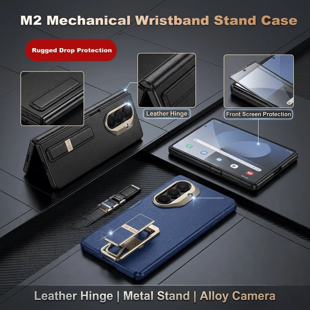 

2026 Magnetic Case for Samsung Galaxy Z Fold 7 - Leather Hinge Cover with Metal Stand, Front Screen & Alloy Camera Protection